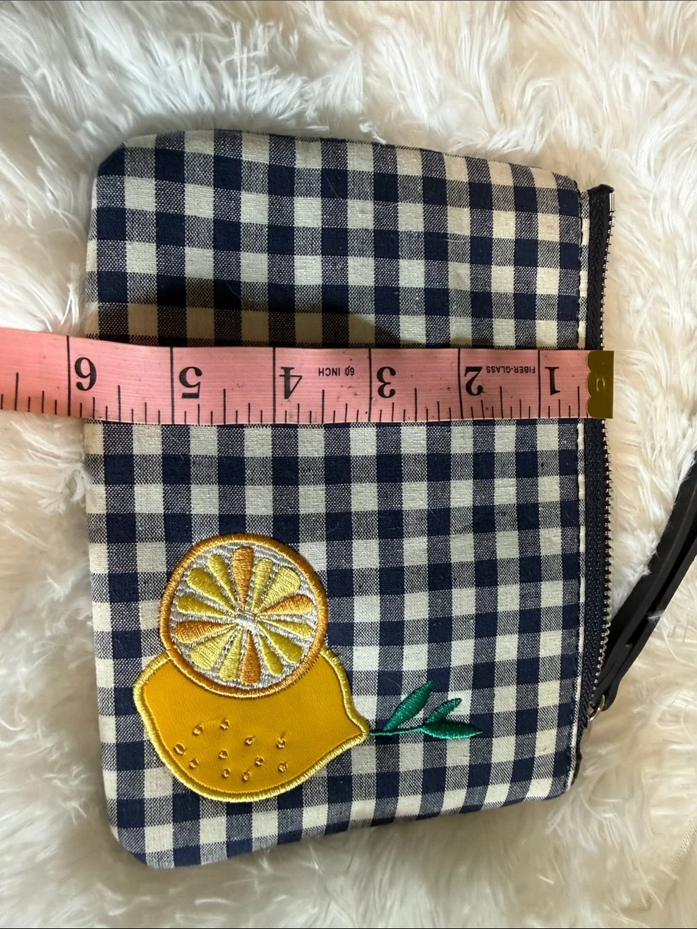 Canvas Check Wristlet Pouch with Yellow Lemon Patch